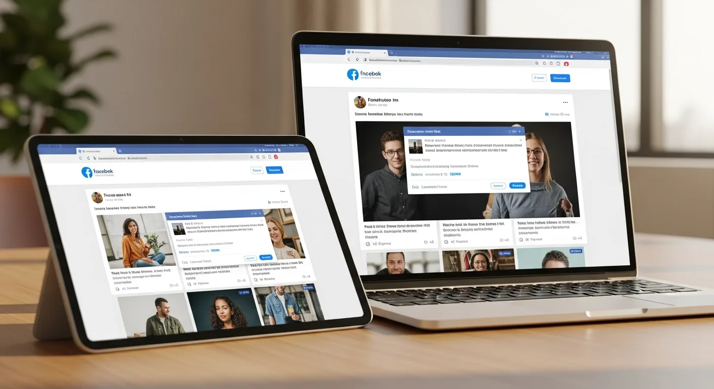 Website mockup showing embedded Facebook page feed posts with images and engagement metrics on tablet and laptop