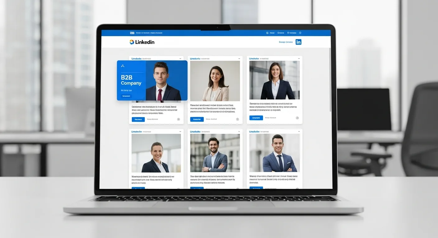 Website mockup showing embedded LinkedIn company feed posts with professional content and business updates