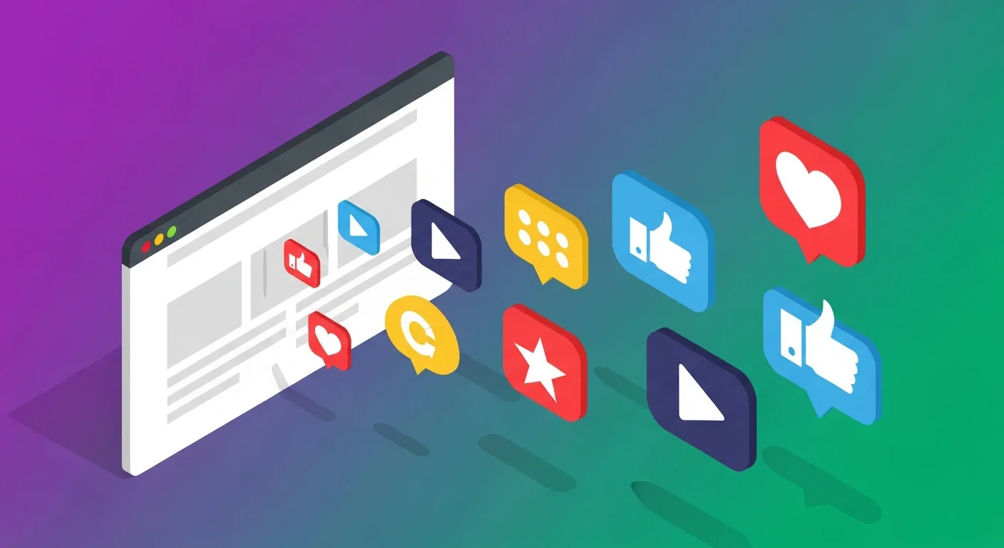 Isometric illustration of social media platform icons flowing into a website browser window
